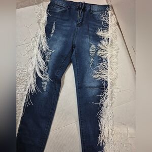 Stylish Blue Fringed Distressed Women's Jeans